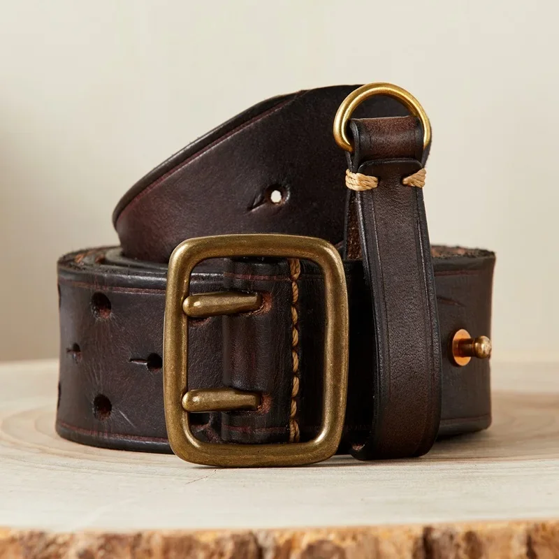 Fashionable Korean Style Leather Belt for Men Personality Double-Prong Brass Buckle Genuine Leather Jeans Waist Belts 3.8cm Wide