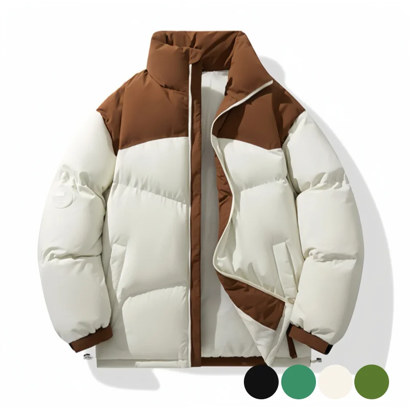 Color-Blocked Stand-Collar Puffer Jacket, Loose-Fitting Oversized Thick Cotton Coat, Unisex Autumn and Winter Warm Casual Outerwear