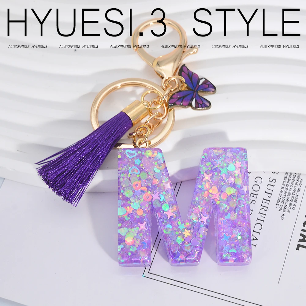 A-Z Resin Letter Keychain Purple Butterfly Tassel Initials Pendant Key Rings Purse Backpack Decoration Kid Girls Party Gifts