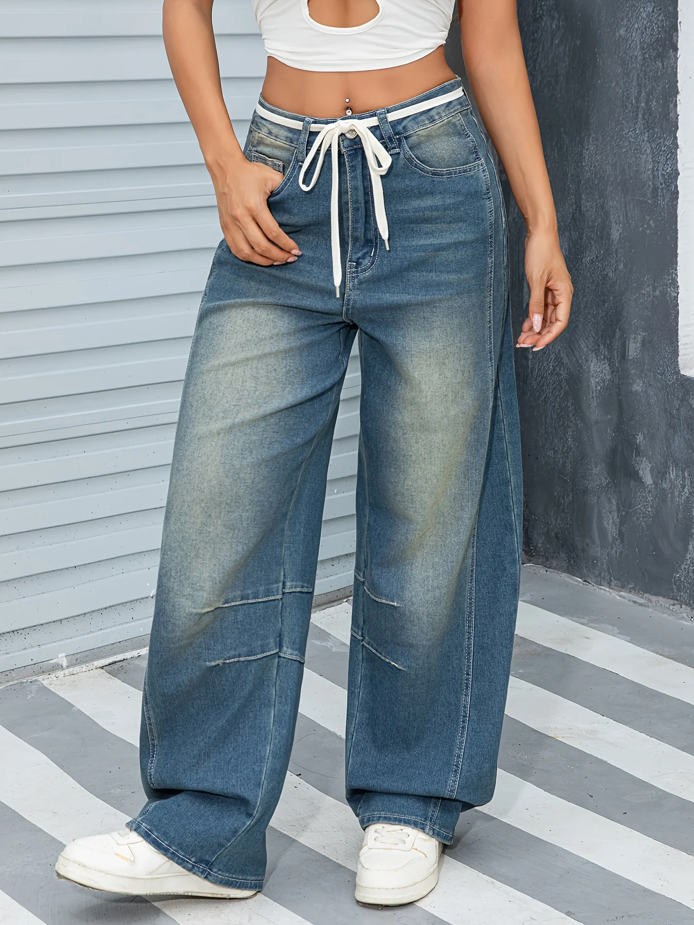 Spring 2026 Women's Loose Jeans with Belt Elastic Casual Long Pants Vintage Comfortable Stretch Denim Trousers