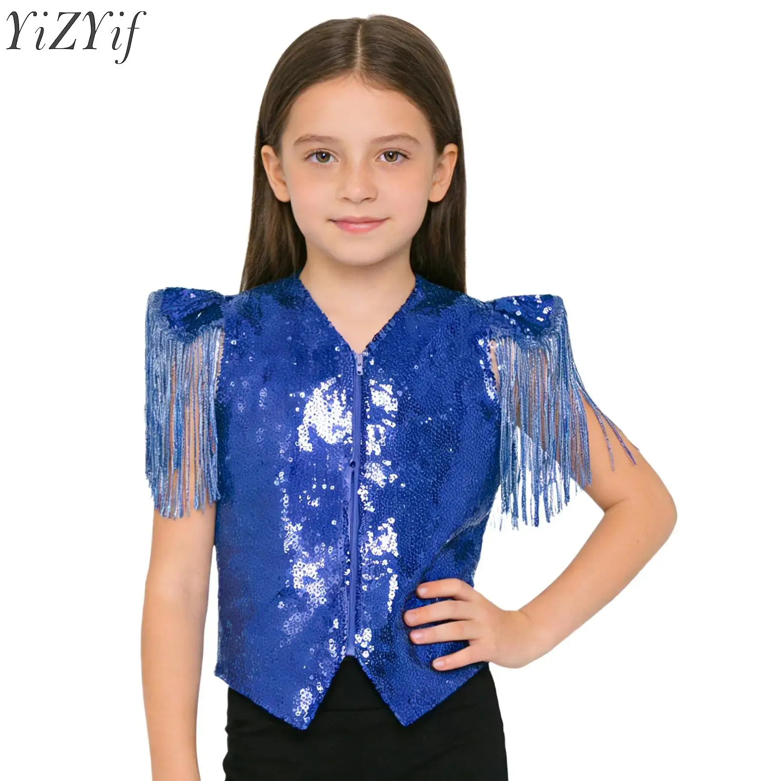 Kids Boys Girls Sequin Patchwork Metallic Jazz Disco Dance Party Vest Sequined Tassels Cap Sleeves V Neckline Waistcoat Clubwear