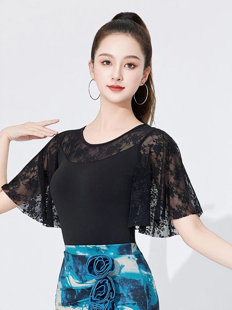

2025 Women's Latin Dance Top National Standard Dance Lace Short Sleeve Top Chacha Rumba Tango Modern Dance Costumes DQL10792