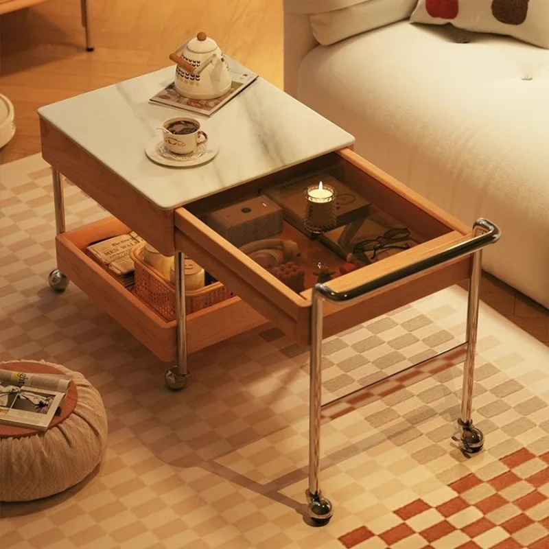 Movable solid wood sofa coffee table, retractable living room, simple household