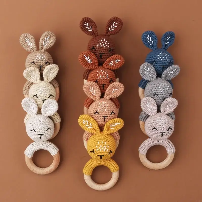Baby Rattles Cartton Rabbit Crochet Wooden Rings Rattles DIY Crafts Teething