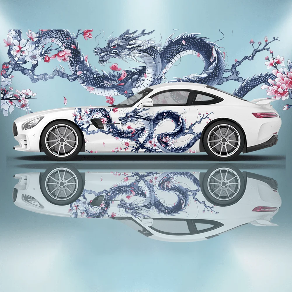 Dragon Coiled Around The Sword, Flowers Surround The Dragon Printed Car Sticker Full Body Decal Decoration Covering