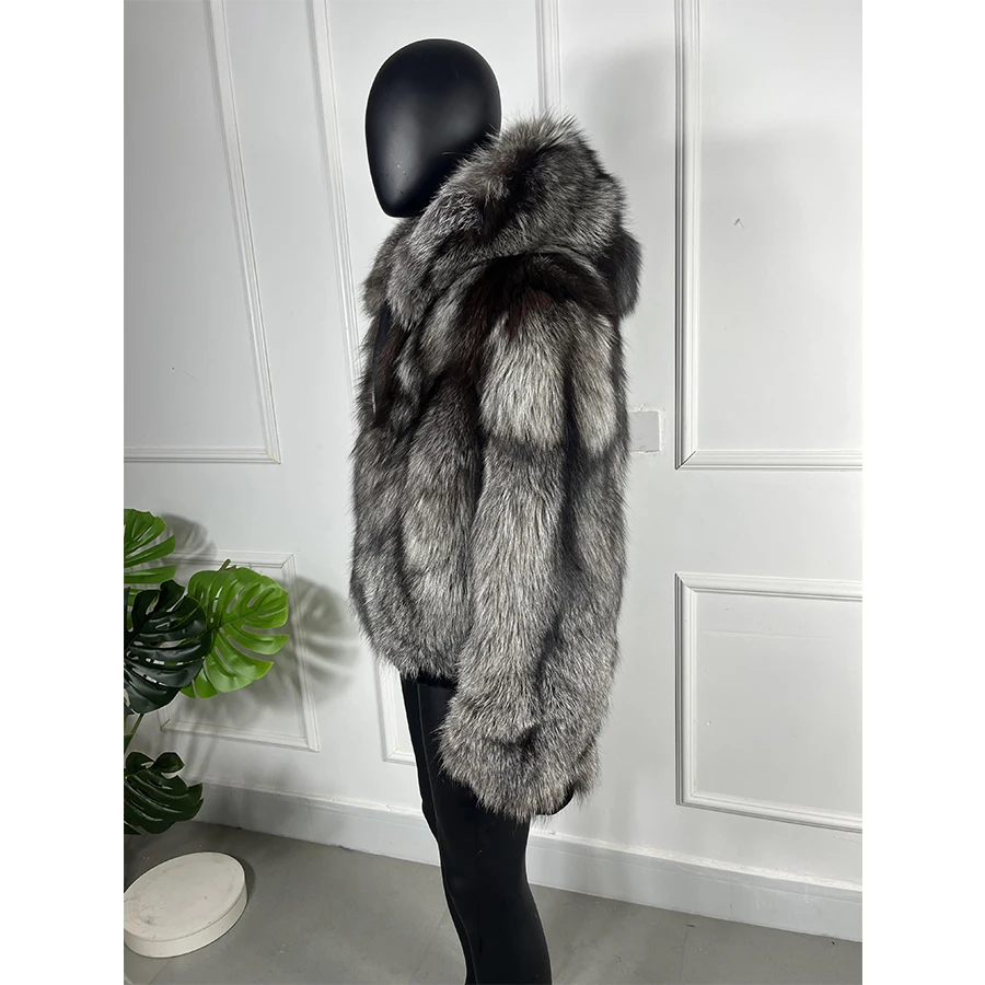 Real Fur Coat With Hood Men Fox Fur Coat Winter Natural Silver Fox Fur Jacket High Quality