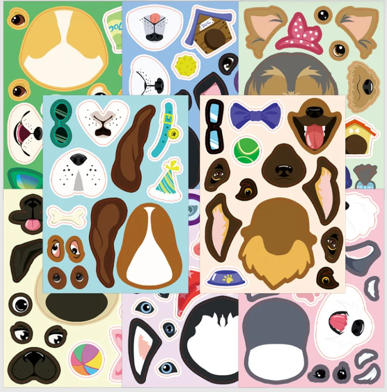 

8Sheets Catoon Dog puzzle stickers Make-A-Face DIY Assembly Fun Puzzle Account Material Waterproof Stickers