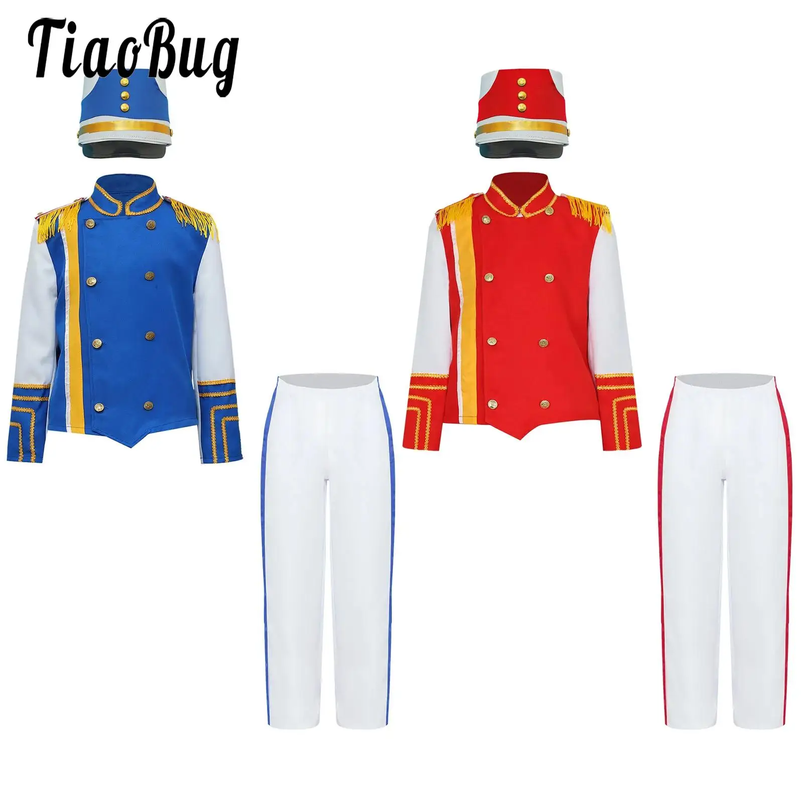 

Boys Girls Drum Trumpet Team Uniform Honor Guard Marching Band Costume Long Sleeve Top with Pants and Cap Set Performance Outfit