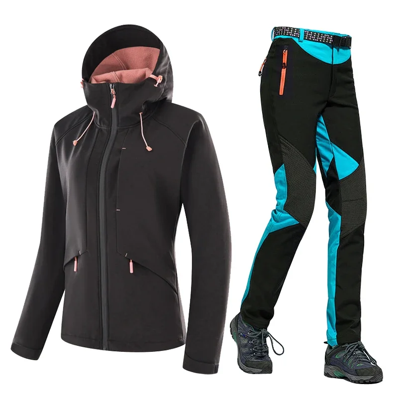 Women's Autumn Waterproof Hiking Suit Fleece Softshell Jacket and Outdoor Trekking Camp Coat Set Pants Climb Skiing Trousers