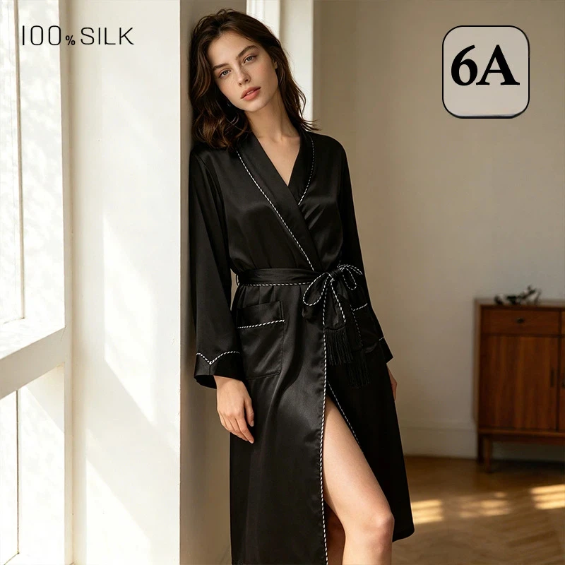 Silk Robe100% Mulberry Women Mid Length Self-Tie Loungewear Pure Silk Skin-Friendly Comfortable Bridal Morning Gown