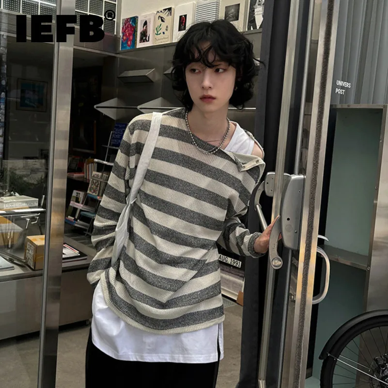 

IEFB Korean Style Men's T-shirts Casual Striped Round Collar Metal Button Long Sleeve Pullover Loose Male Tees Autum New 9C7905