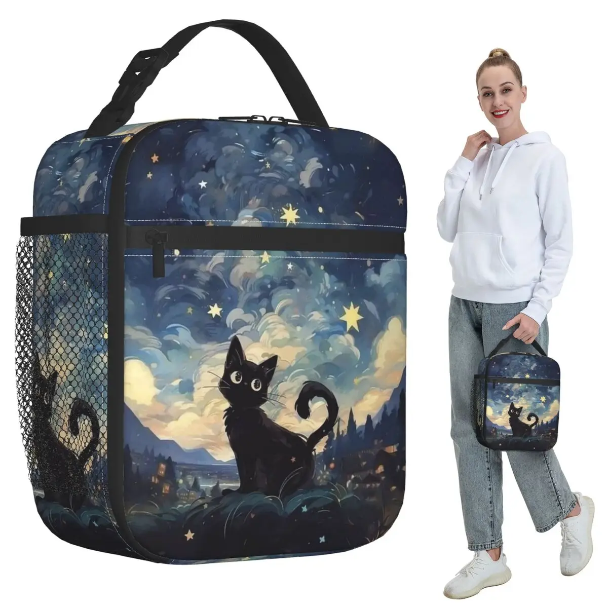 The Black Cat Looks At The Starry Sky Insulated Lunch Bag for Office Cooler Thermal Food Box Tote Portable Lunch Boxes Container