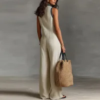 Sexy Deep V Neck Hollow Women's Jumpsuits Vintage Printed High Waist Slim Office Romper Spring Summer Sleeveless Pocket Overalls 5