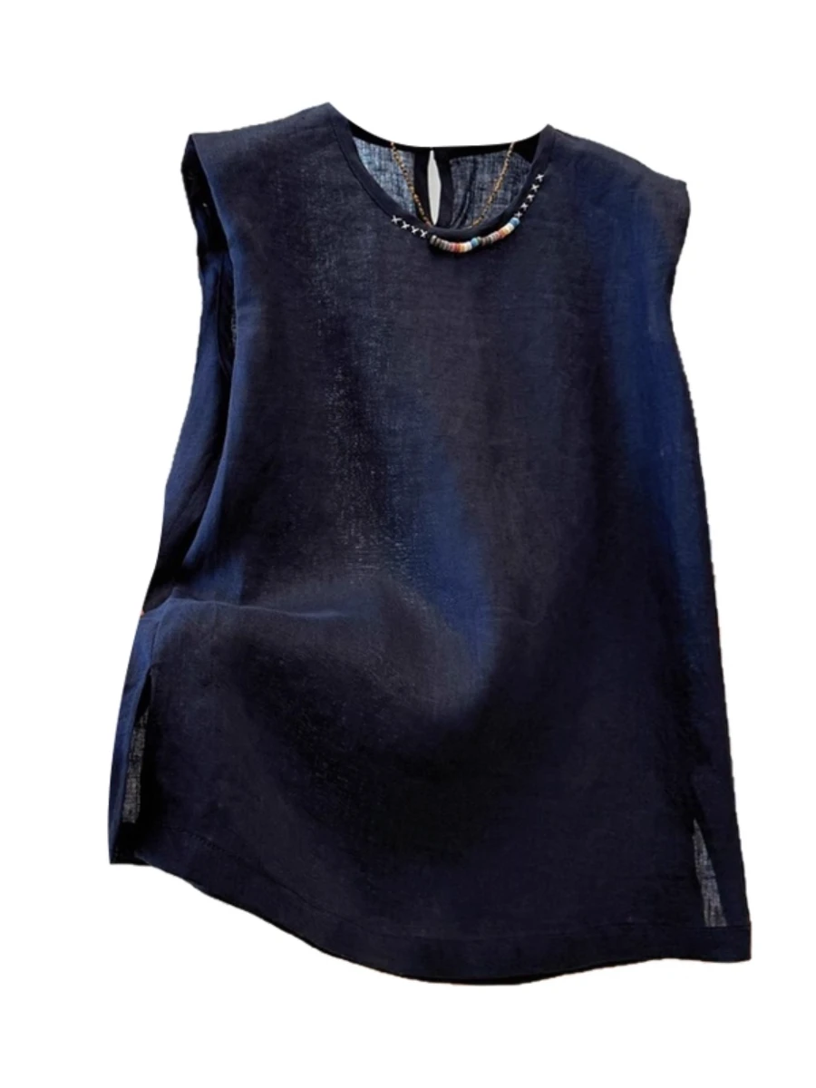 Ele Retro Linnen Vest Dames Zomer Los Casual Geborduurd Ronde Ne Katoen Linnen Svel Kleine Irt Top