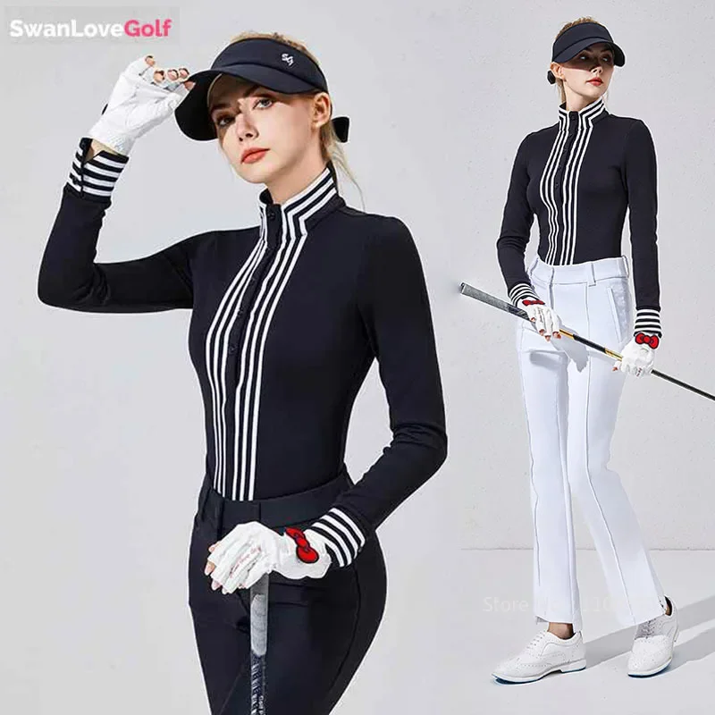 SG Women Golf Clothing Autumn Winter Stand Collar Striped Shirts British Style Long-sleeved Golf T-shirt Warm Sports Polo Tops