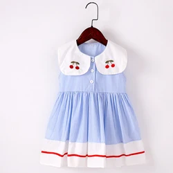 Infant Baby Clothes 2-7Yrs Girl Dress Birthday Party Blue Stripes Kids Toddler Girl Dresses Embroidered Cherry Children Outfits