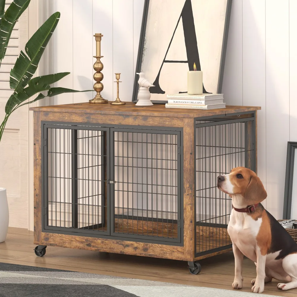 

Furniture Dog Cage Crate with Double Doors, Rustic Brown, 38.58'' W x 25.2'' D x 27.17'' H