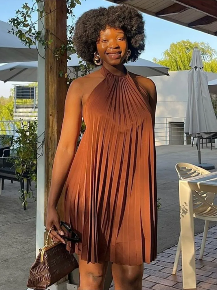 

2025 Summer Halter Neck Dress Loose Vacation Mini Dresses Off Shoulder Backless Vestido Solid Color Pleated Casual Elegant Beach