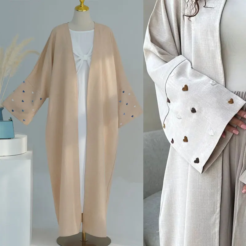 

Eid Ramadan Open Abaya Muslim Islam African Cardigan Dresses Women Kaftan Love Embroidery Djellaba Kimono Linen Dress Robe Femme