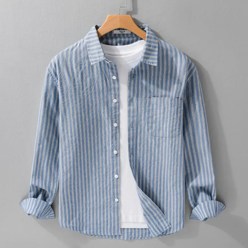 

Japan Style Striped Long Sleeve Man Shirts Spring Summer Daily Casual Pure Cotton Top Lapel Pocket Shirt Men Simple Clothing New