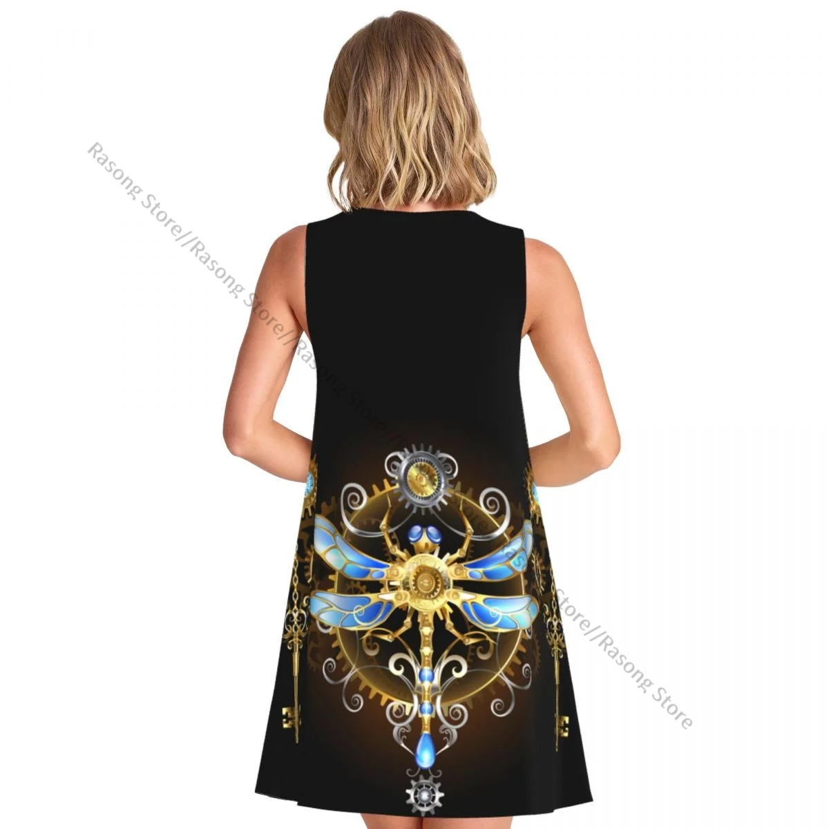 Vestido de mujer con llaves de engranajes dorados y vestido largo sin mangas con cuello redondo y libélula mecánica