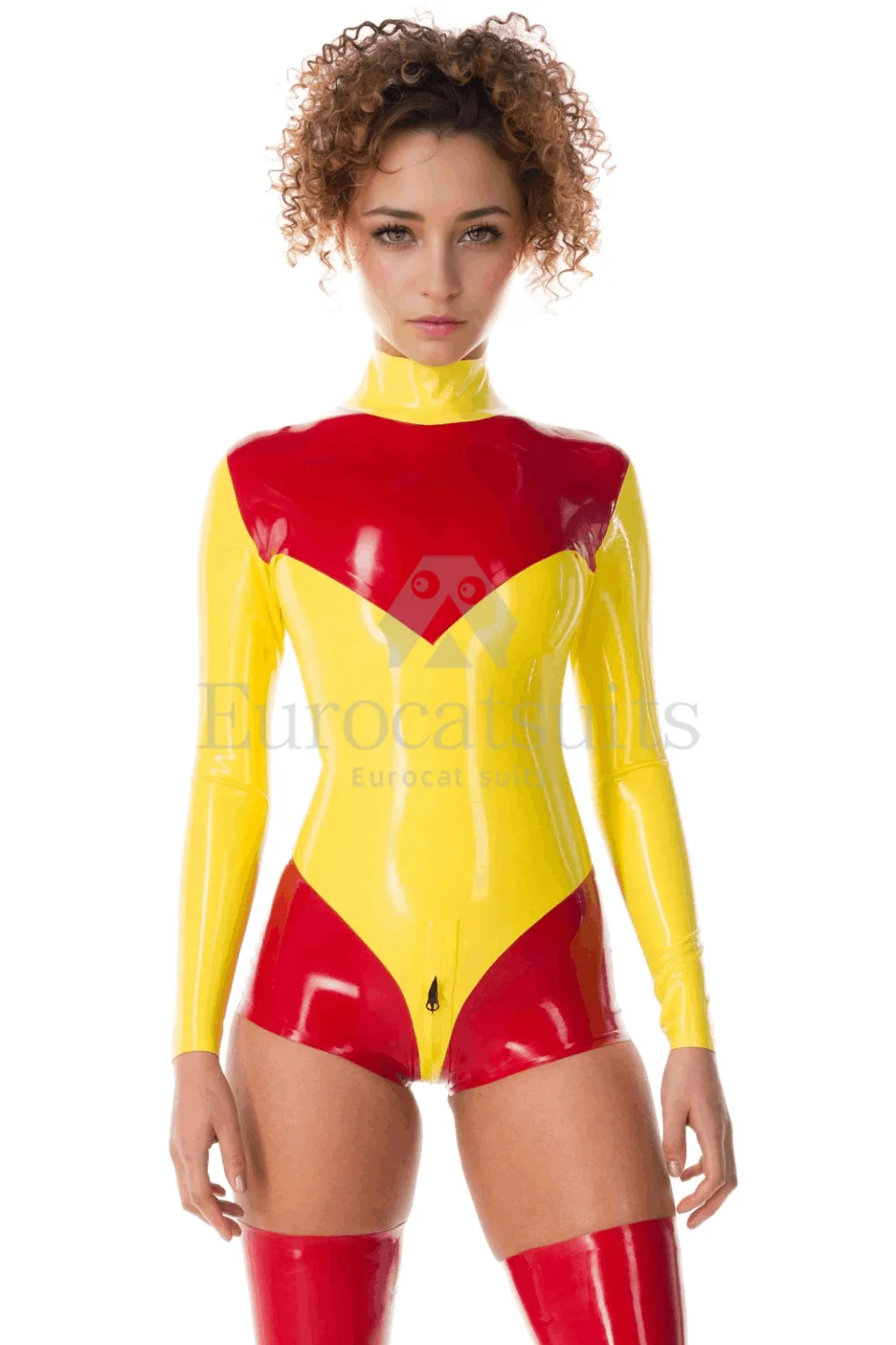 

customized women's yellow red latex sexy bodysuit high neckline long sleeves design handmade rubber catsuit cosplay