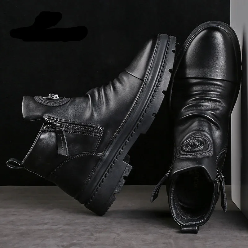 Men's Leather Boots 2025 Winter New Style Boots Men's High Top Plush Tactical Military Boots
