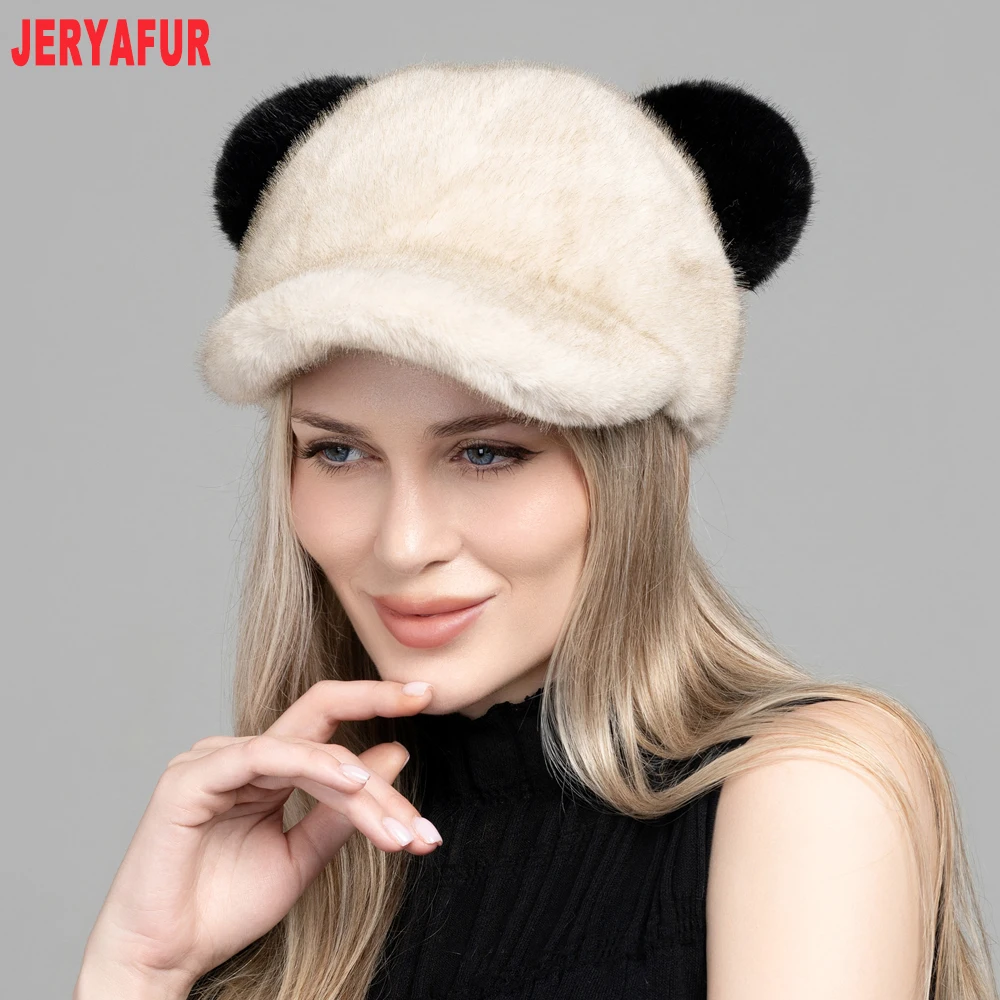 Women White Faux Fur Baseball Cap, Curved Brim Hat with Black Pom‑pom, Soft Plush Winter Ladies Cap, 55‑60cm Head Circumference