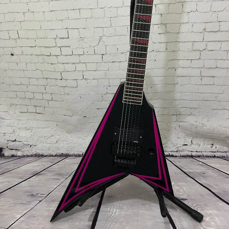 Black Background Rose Red Stripe V-shaped Electric Guitar Double Rocking Solid Wood 22 Items Best Sellers Free Shipping
