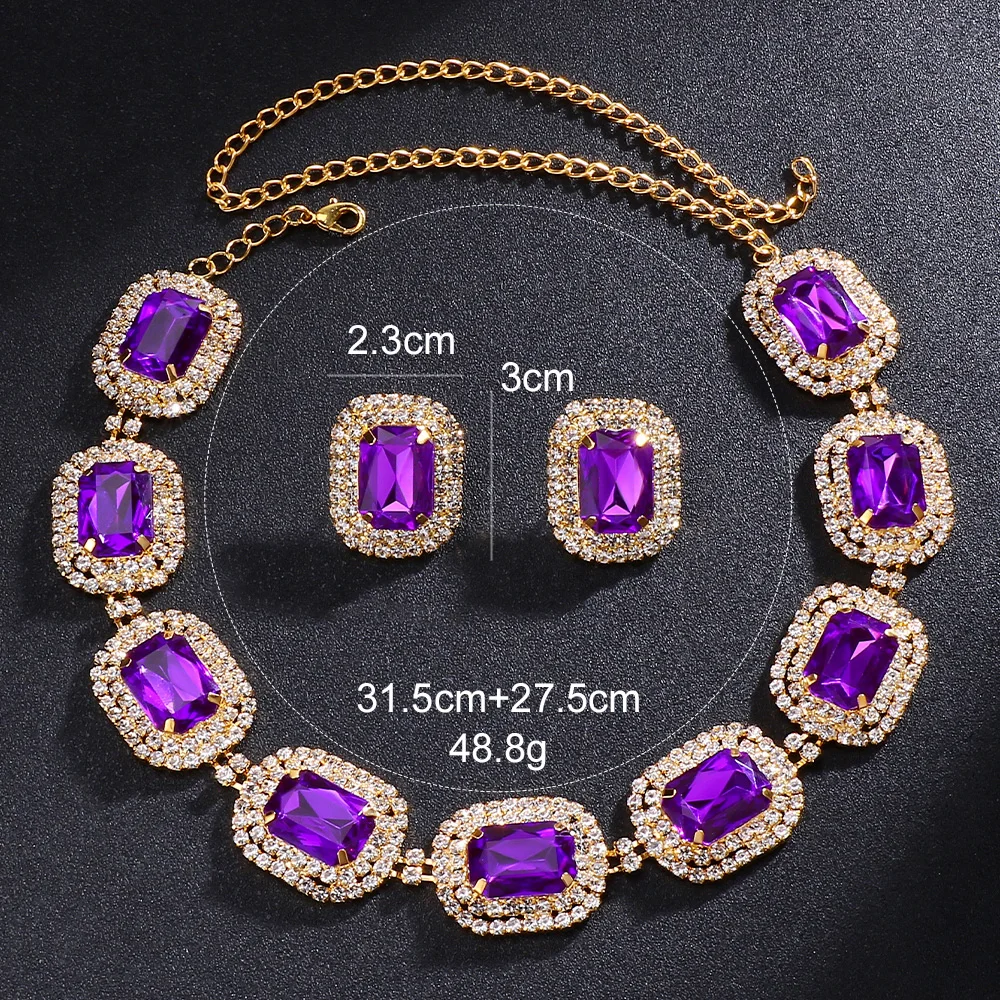 Stonefans Rhinestone Purple Necklace Earrings Set Elegant Bride Wedding Vintage Bridal Jewelry High Quality Accessories Women