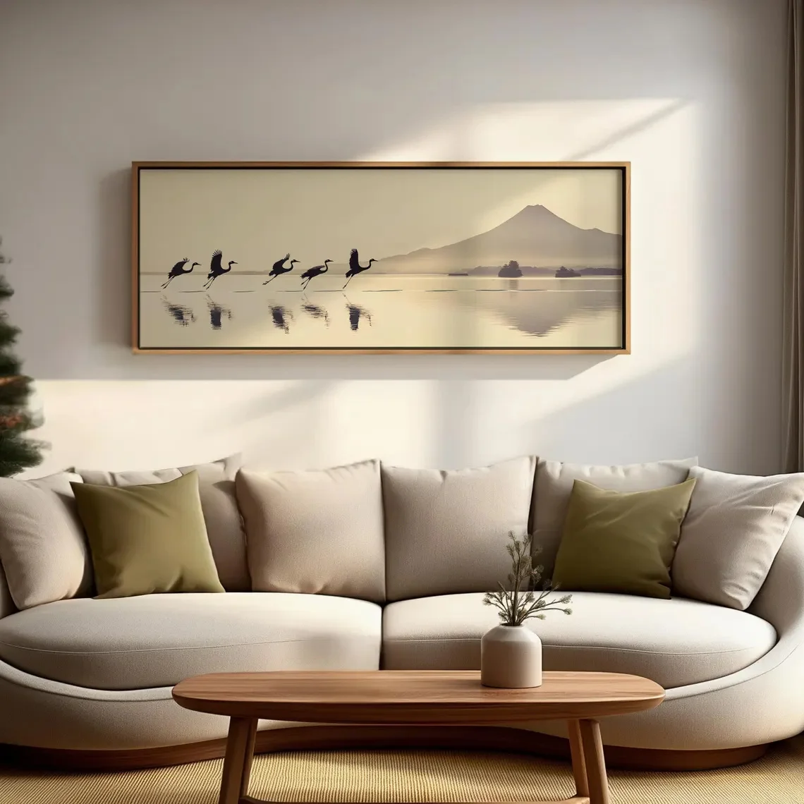 1pc Vintage Japandi Panoramic Canvas Wall Art Print Long Narrow Cranes & Mountains Wall Art for Bedroom, Living Room Decorations