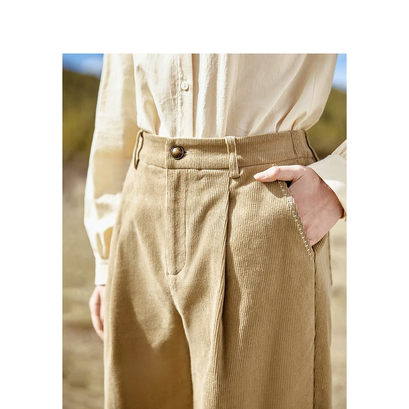 INMAN Women Corduroy Pants 2023 Autumn Elastic Waist Straight Long Trousers Pleated Design Elegant Minimalist Casual Pants