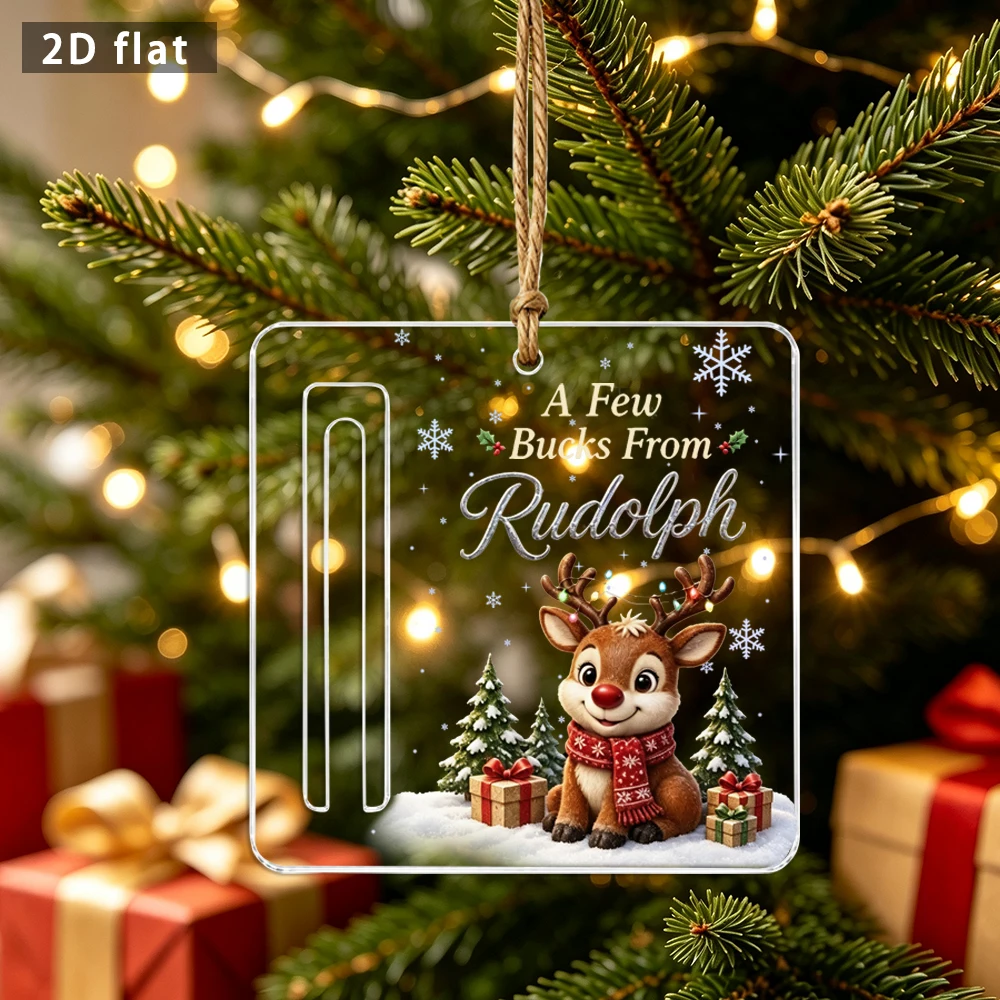 Christmas Acrylic Cash Holder Plaque, 2D Flat Rudolph Reindeer Hanging Ornament for Xmas Tree Holiday Gift Decor