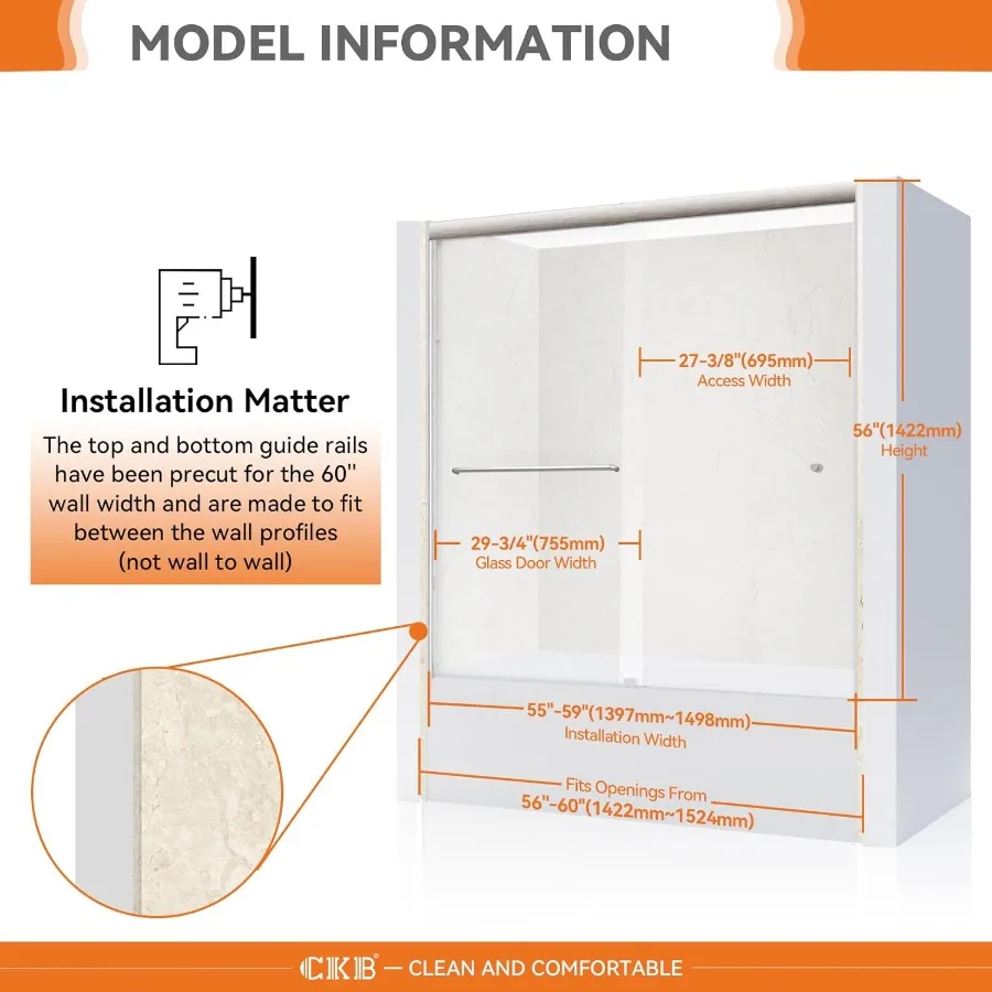 Bathtub Sliding Doors, Semi-Frameless Bypass Tub Doors, 56-60 inch W x 56 inch Height, 1/4 inch Tempered Safety Glass, Brushed