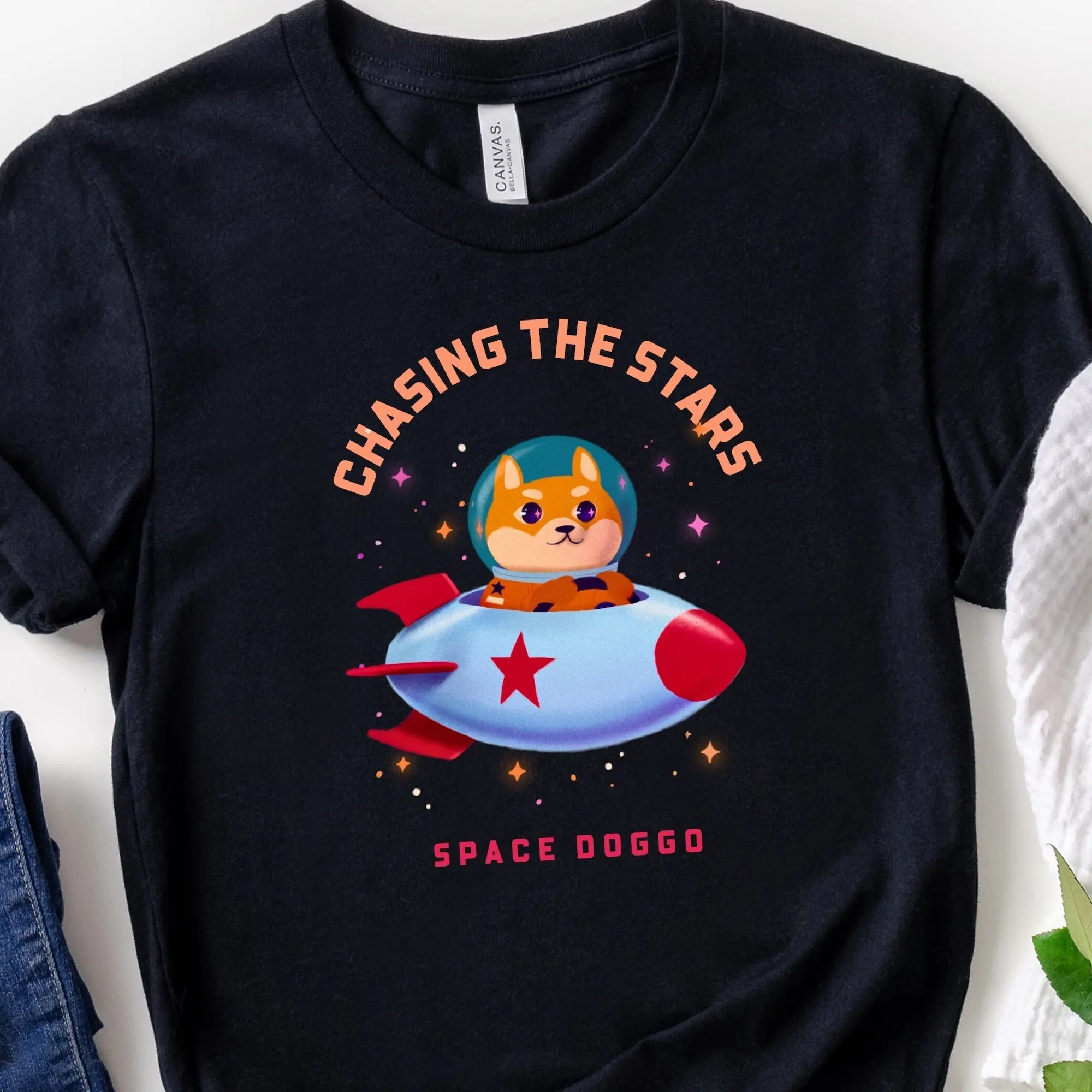 Chasing The Stars Dog T Shirt Lover Mom Dad Space Astronaut Cute