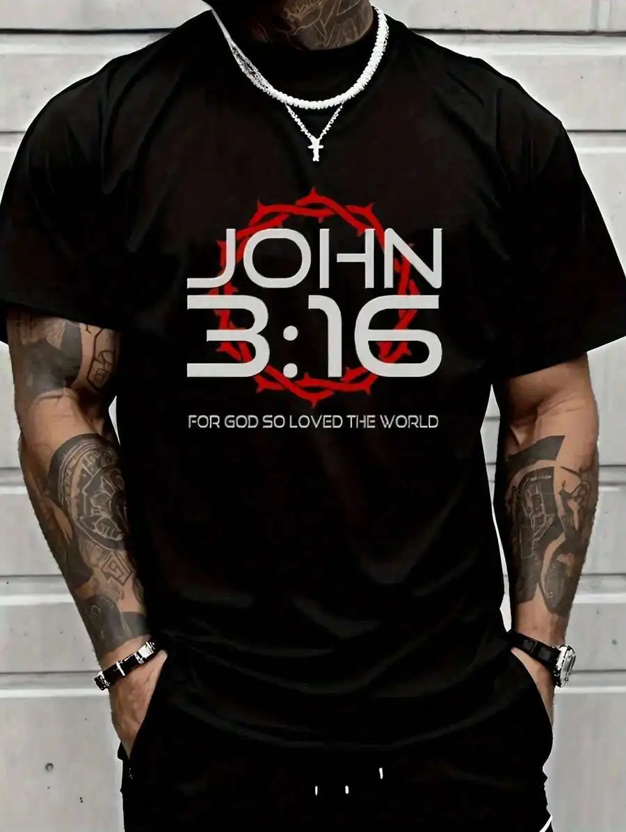 Extra Large Men's Casual Crew Neck T-Shirt, John 3:16 Inspirational Quote Print, 95% Polyester 5% Spandex, Regular Fit, Slightly