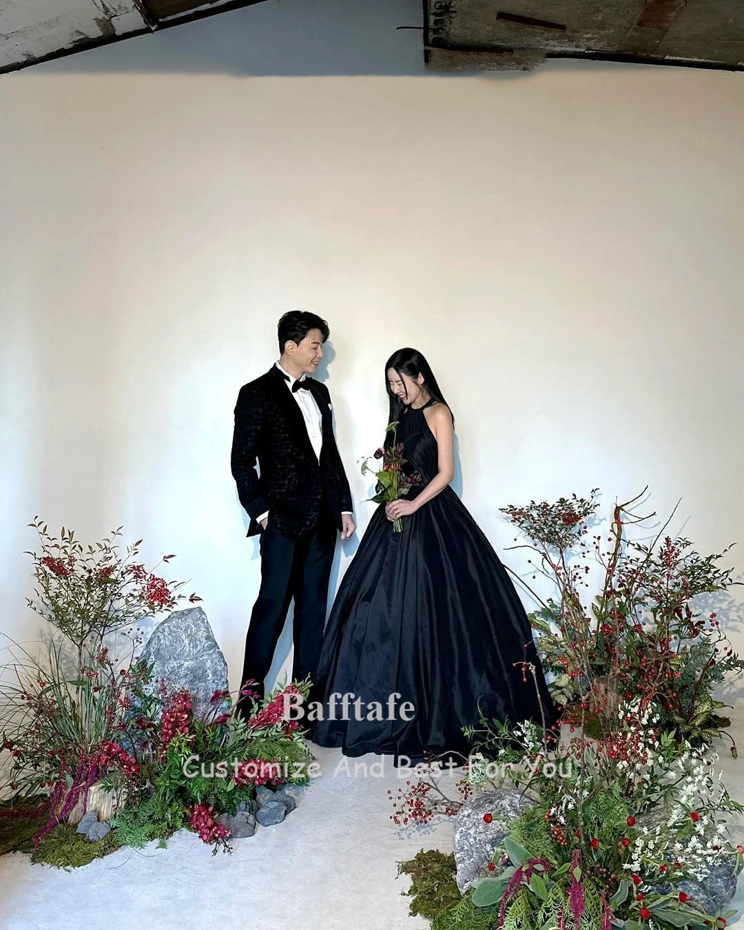 Bafftafe gaun Prom Satin a-line hitam gaun pesta acara Formal pengantin wanita Korea punggung terbuka seksi