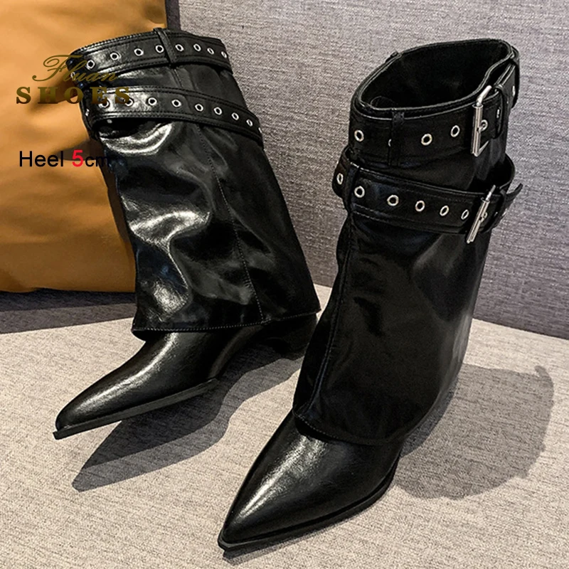 

Новые весенне-осенние черные винтажные женские ботинки до середины икры, женские средние ботинки челси на толстой подошве и каблуке 5 см с острым носком и пряжкой на ремне