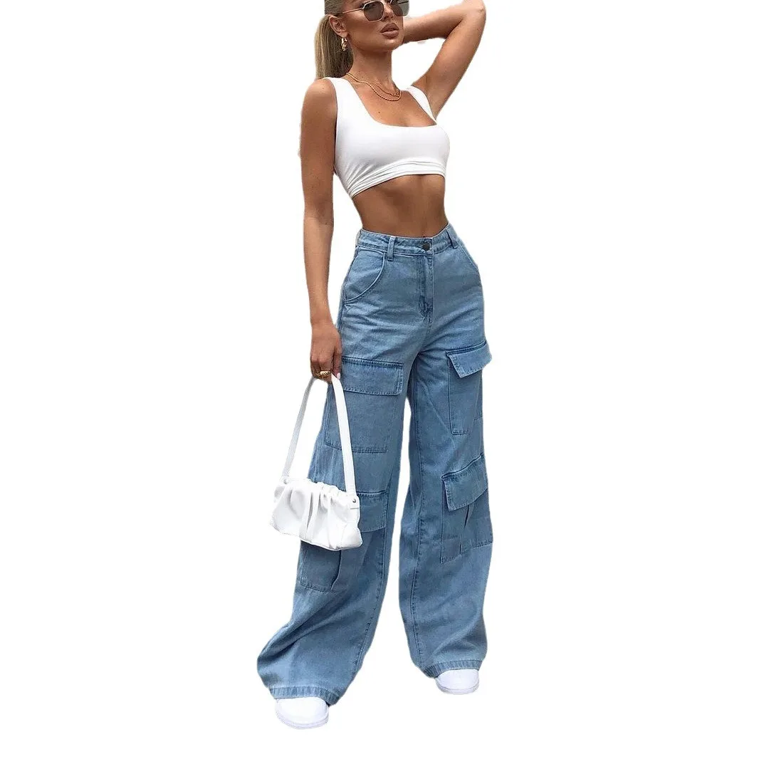 مصنع التخليص المرأة الجينز فضفاضة تناسب غسلها جيب كبير السراويل الطويلة عارضة عالية الجودة #5