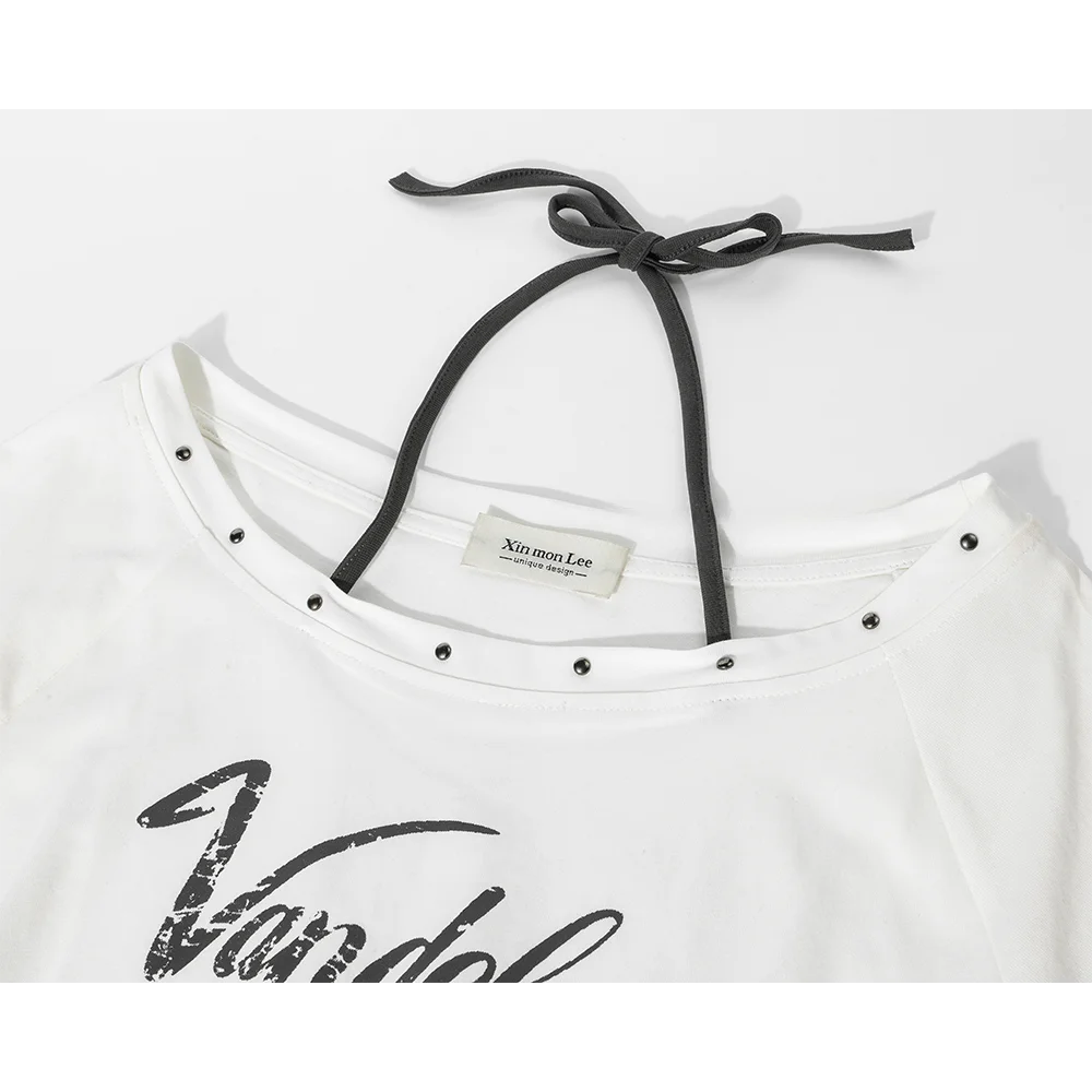 

Laid-ba Vintage Letter Print T-irt with Belt Casual Slimming Versatile Top for Women Comfortable Breathable Long Sve