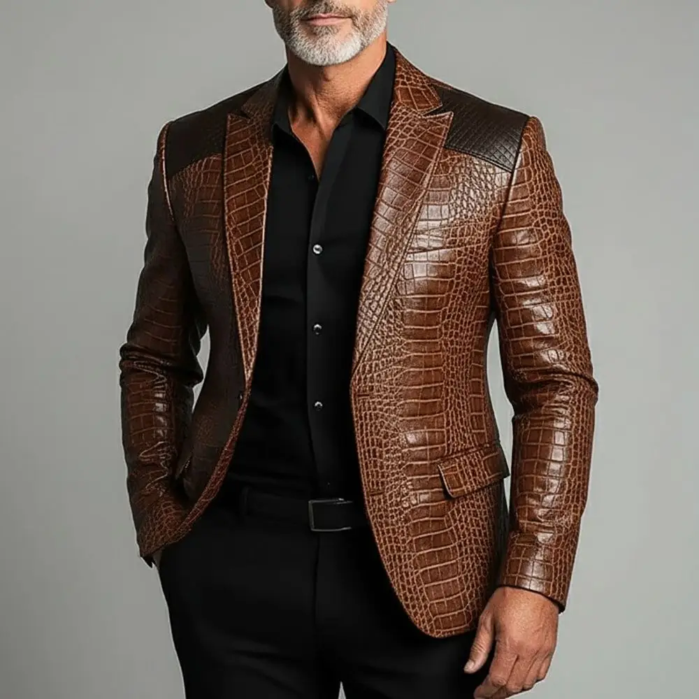 Men’s Crocodile Texture Suit Blazer Faux Leather Luxury Business Jacket With Pockets Elegant Single-breasted Formal Male Jacket