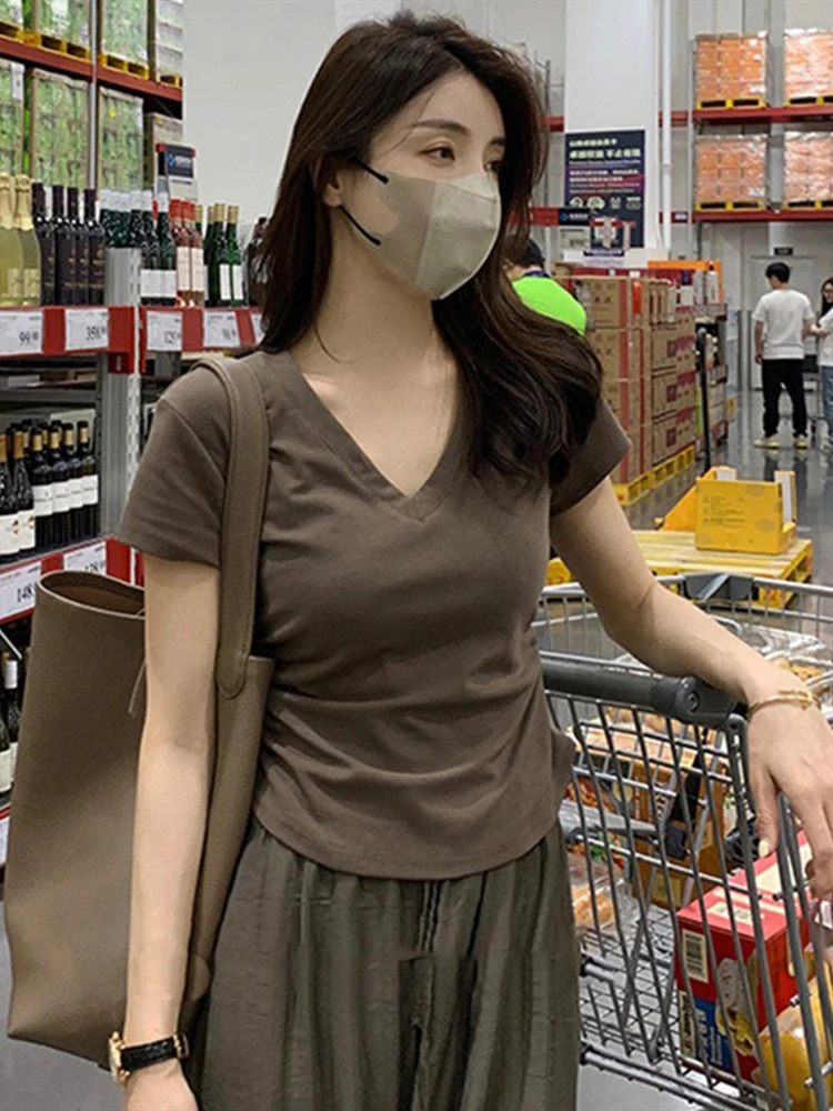 

Pure Cotton ort Sve V-Ne T-irt Women's Summer 2024 New Irregular Slimming Design Spicy ort Top Faionable Commute...