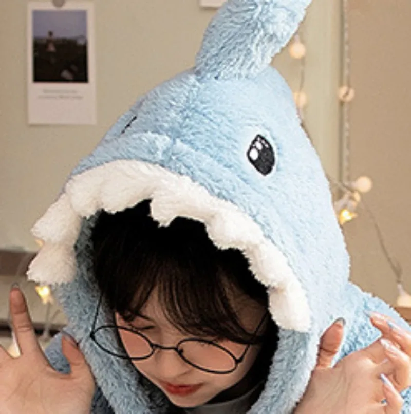 Lady's Winter Thin Nightgown Suit Length To Shank Polyester Warm Comfortable Blue Dink Leisure Wear With A Shark Hat - Image 5