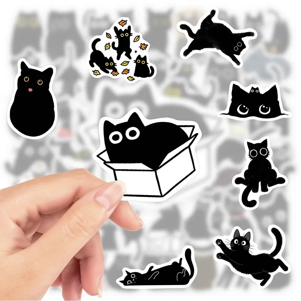 Fun cartoon-style black feline decals waterproof vinyl stickers for laptops phones bottles journals mirrors smooth surfaces mode