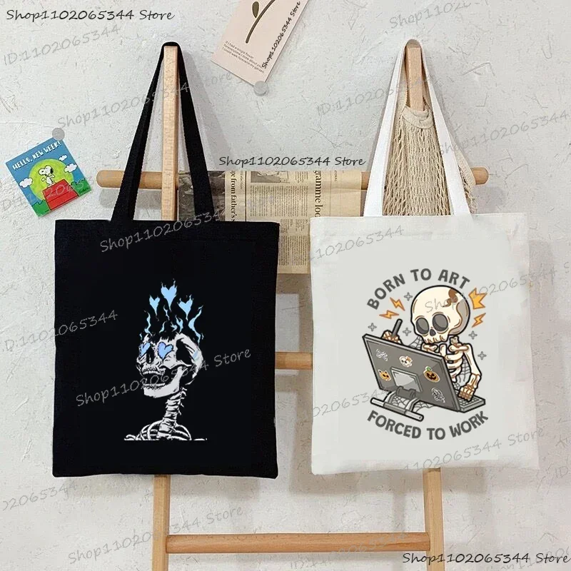 

Vintage Skull Heart Women's Shoulder Bag "Born To Art Forced To Work" Print Skeleton Series Canvas Tote Bags Funny Women Handbag