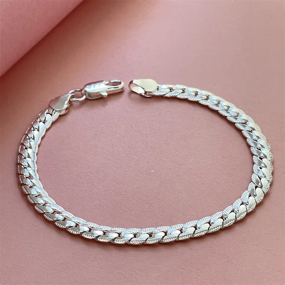 

Hot 925 Sterling Silver Bracelet 20cm Flat Side Chain Lobster Clasp For Woman Man Wedding Engagement Jewelry