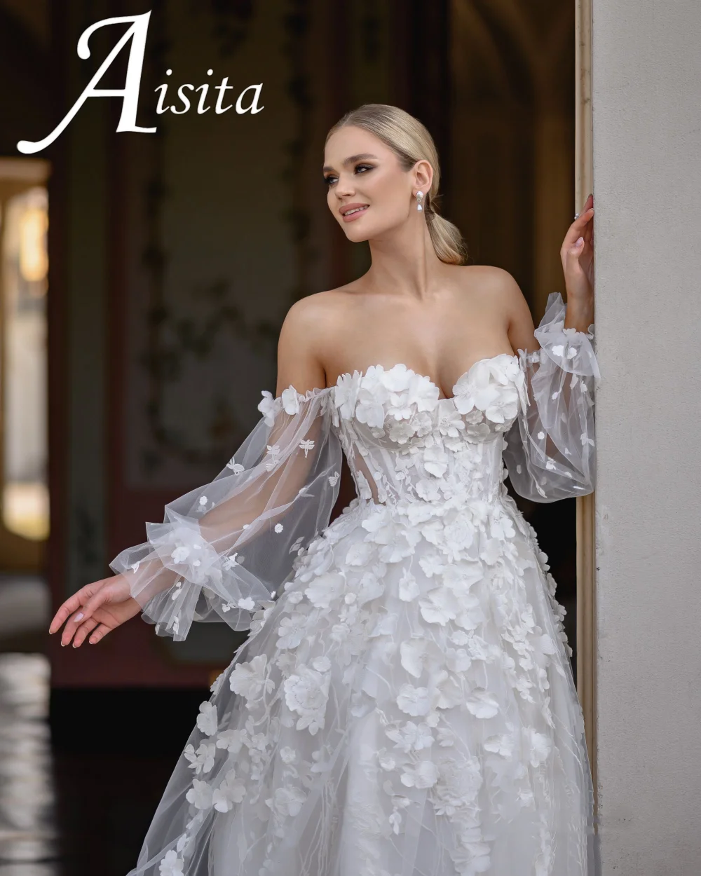 Vestidos de novia de lujo Línea A vestido de fiesta con forma de corazón apliques de tul sin hombros vestidos de novia de manga larga vestido de baile con tren