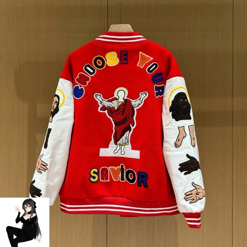 Patchwork Red Saint Zipper Baseball Jackets Men Women Best Quality Towel Embroidery Jesun Badge Casual Jacket Coat