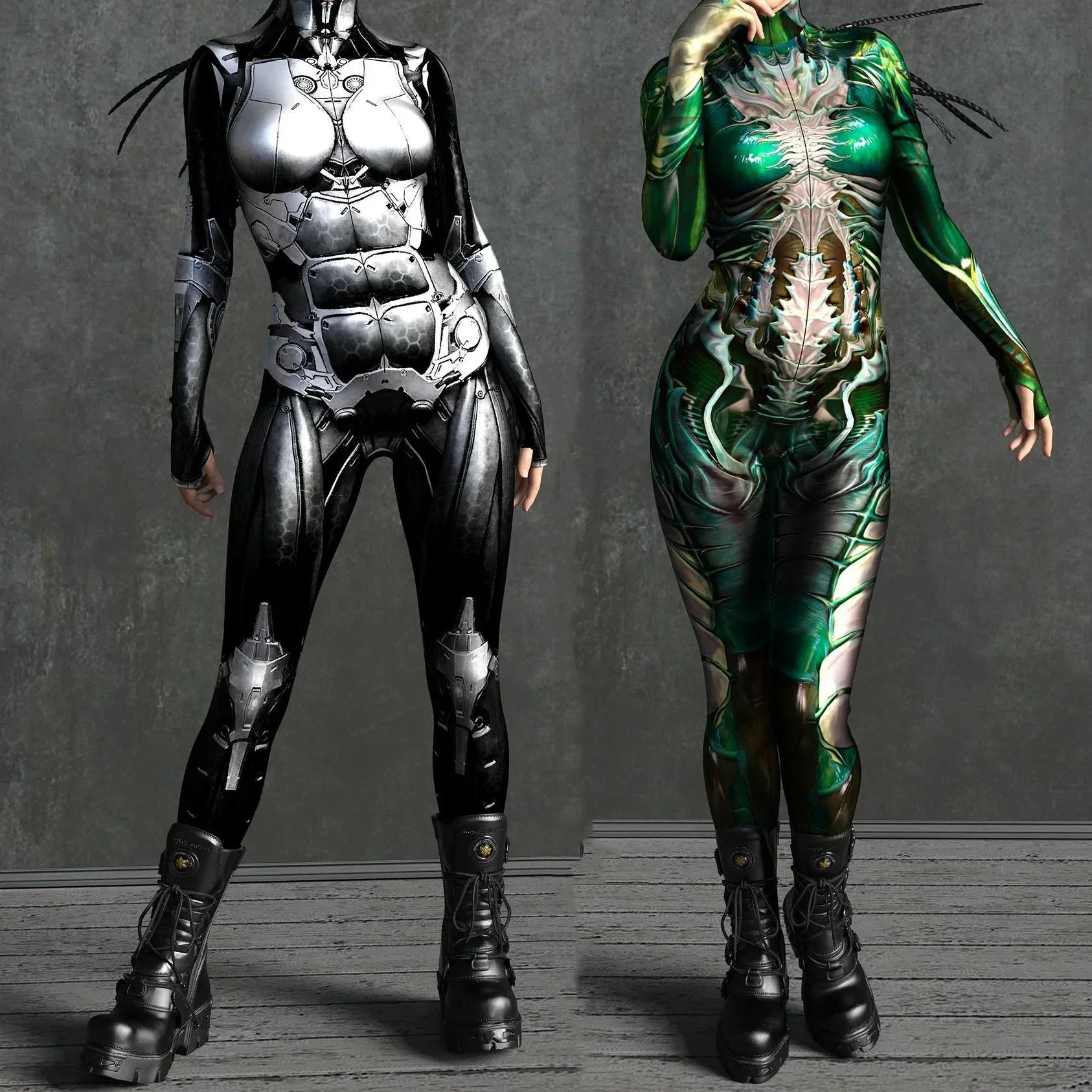

Mechanical Armor Cosplay Costume 3D Print Jumpsuit For Woman Halloween Party Carnival Rompers Punk Shows Bodysuit Zipper Zentai