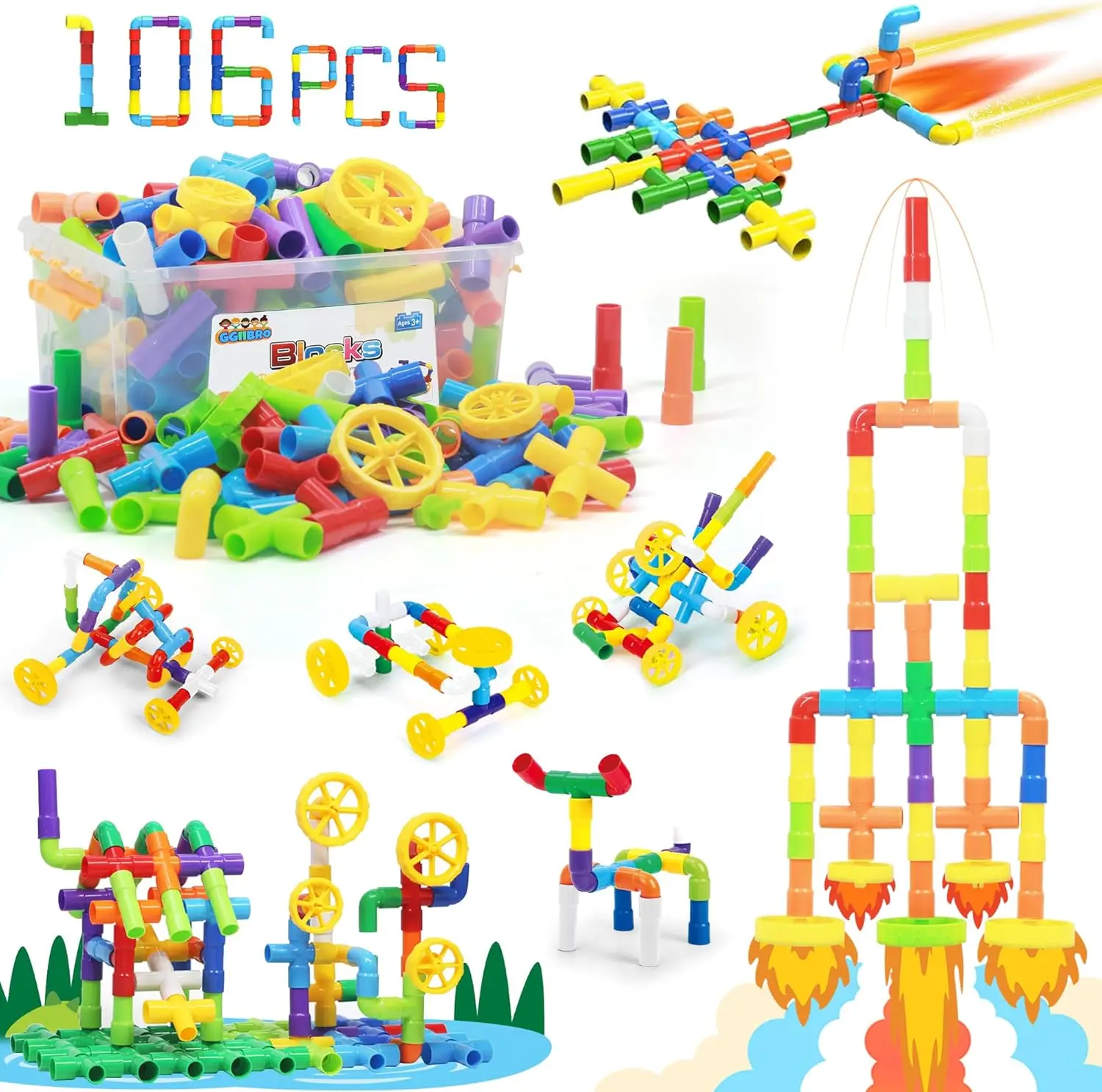 

STEM Building Toy for Toddlers, 106 Pieces Tube Pipe Educational Game for Ages 3+, Learning Blocks with Storage Box Gift Kit